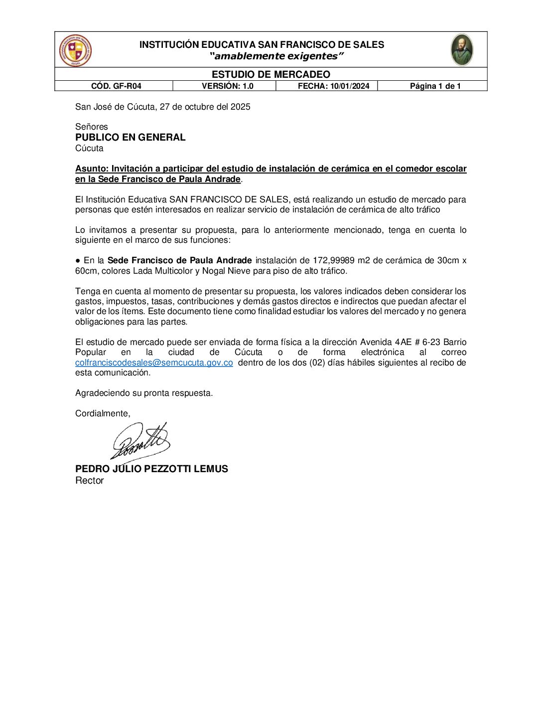 Invitación a presentar ofertas – Instalación de cerámica en el comedor escolar