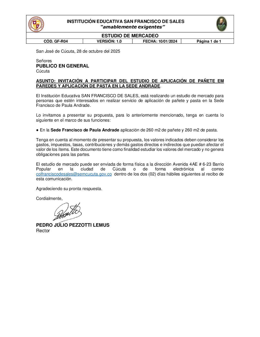 Invitación a presentar ofertas – APLICACIÓN DE PAÑETE EN PAREDES Y APLICACIÓN DE PASTA