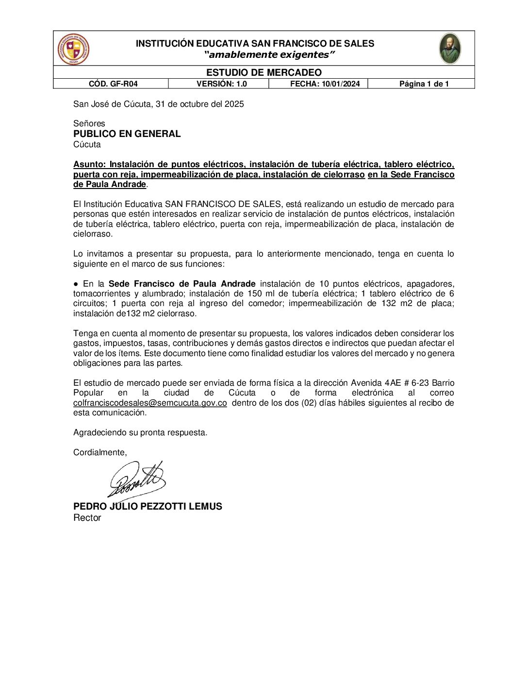 Invitación a presentar ofertas –  Instalación de puntos eléctricos, instalación de tubería eléctrica, tablero eléctrico, puerta con reja, impermeabilización de placa, instalación de cielorraso