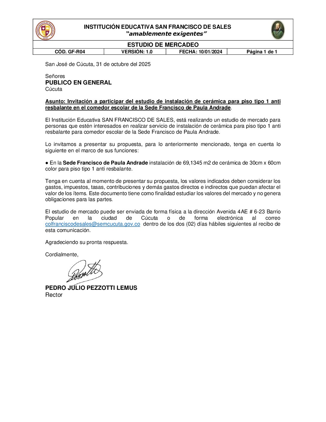 Invitación a presentar ofertas – Instalación de cerámica para piso tipo 1 anti resbalante en el comedor escolar