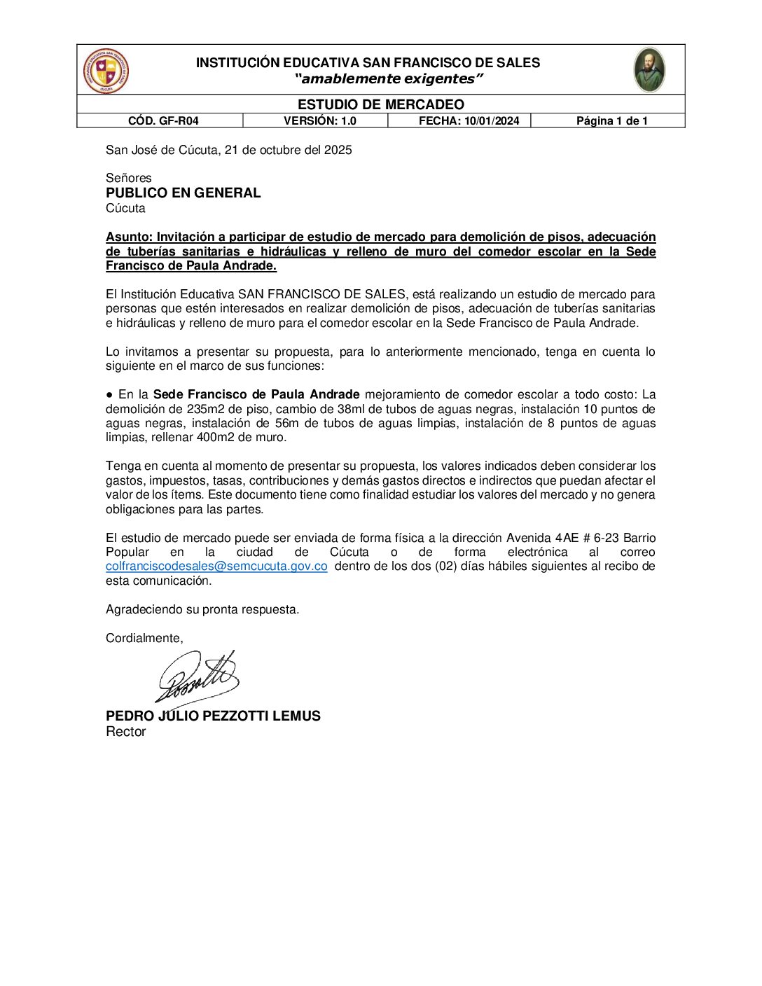 Invitación a presentar ofertas – Demolición de pisos, adecuación  de tuberías sanitarias e hidráulicas y relleno de muro del comedor escolar.