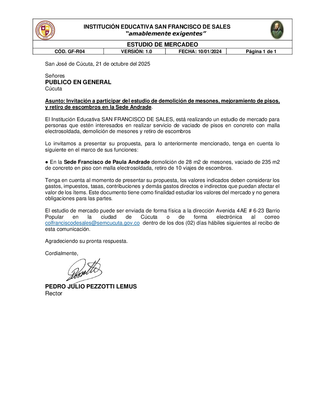 Invitación a presentar ofertas – Demolición de pisos, adecuación  de tuberías sanitarias e hidráulicas y relleno de muro del comedor escolar.